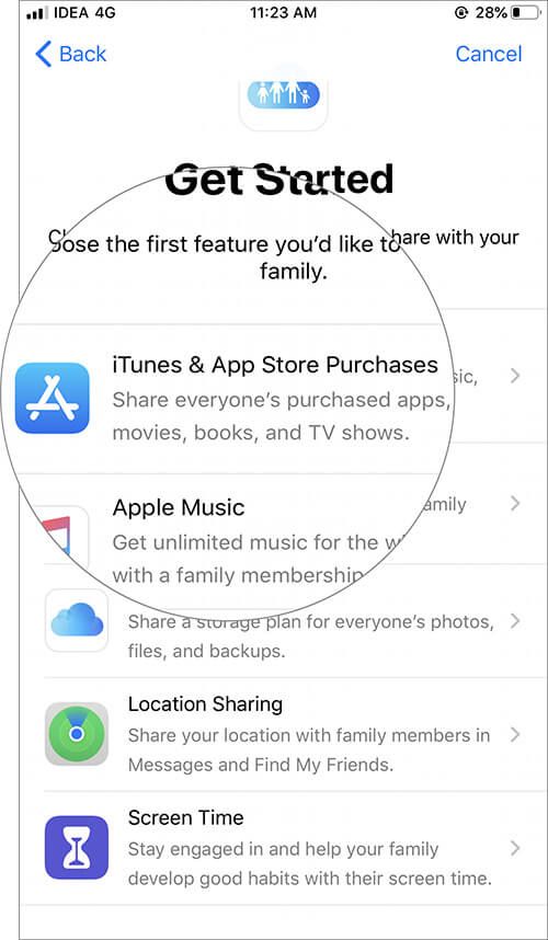 „IOS“ šeimos bendrinimo nustatymuose pasirinkite „iTunes“ iš „App Store Purchases“