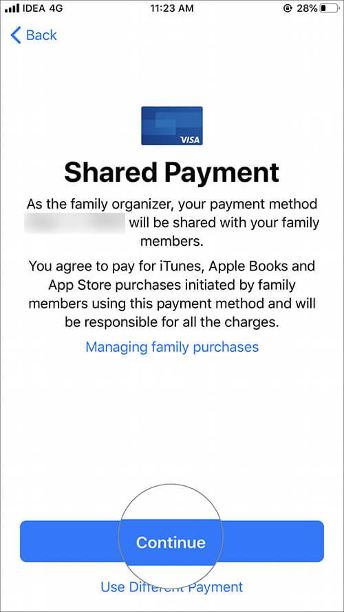 „IOS Family Sharing“ palieskite „Tęsti“, jei norite gauti informacijos apie mokėjimą