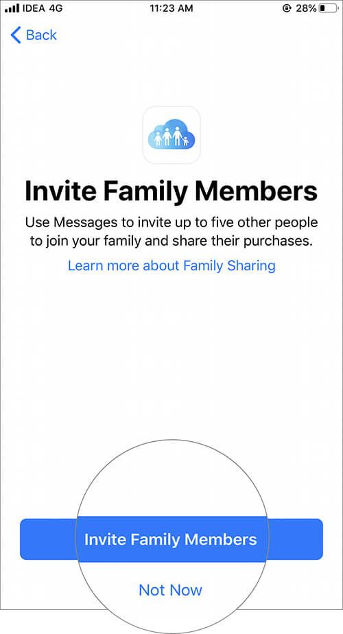 Palieskite „Pakviesti šeimos narius“ naudodami „iOS“ šeimos bendrinimą