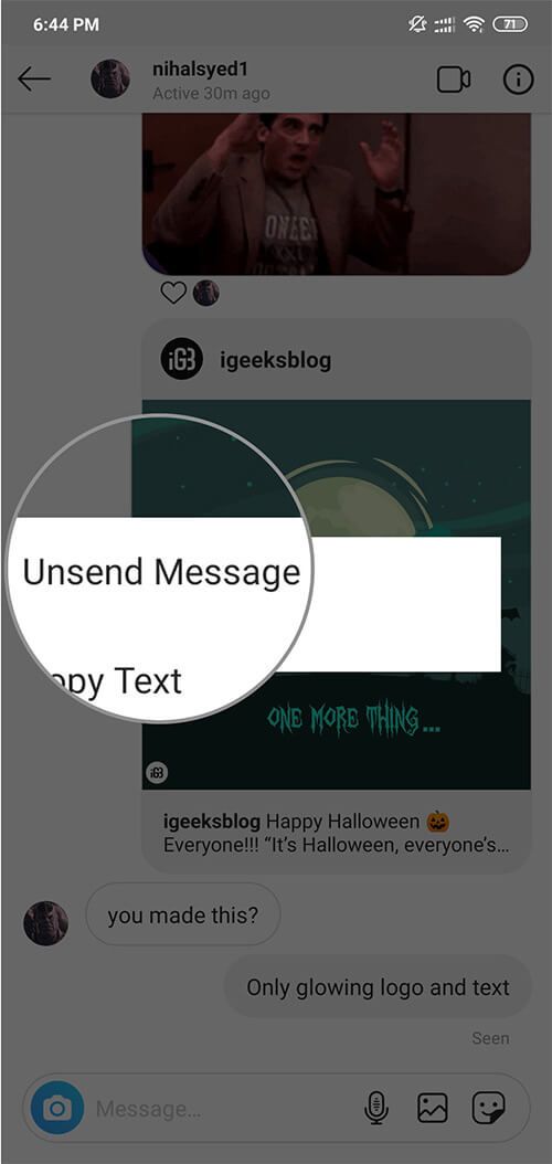 Dodirnite Unsend Message da biste izbrisali poruku s Instagrama na Android telefonu