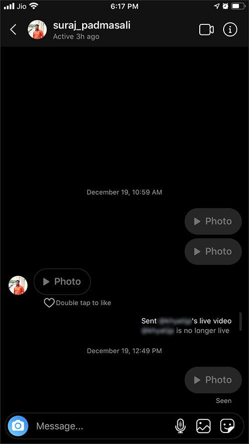 Meldingen er fjernet fra samtalen i Instagram-appen på iPhone