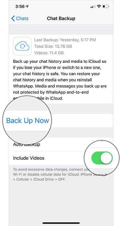 Norėdami atkurti „WhatsApp“ pokalbių pranešimus ir nuotraukas „iPhone“, bakstelėkite Dabar sukurkite atsarginę kopiją