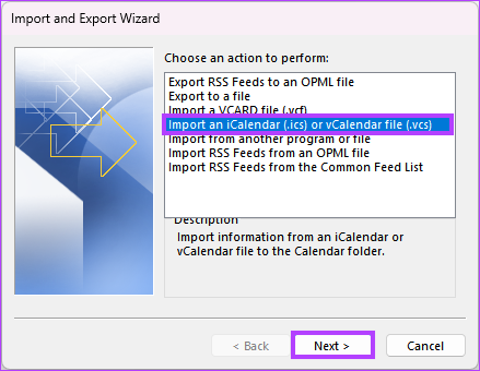   vyberte možnosť „Importovať súbor iCalendar (.ics) alebo VCalendar (.vcs)“