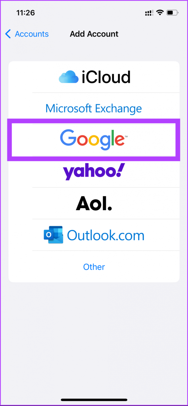   Vyberte účet Google alebo Outlook