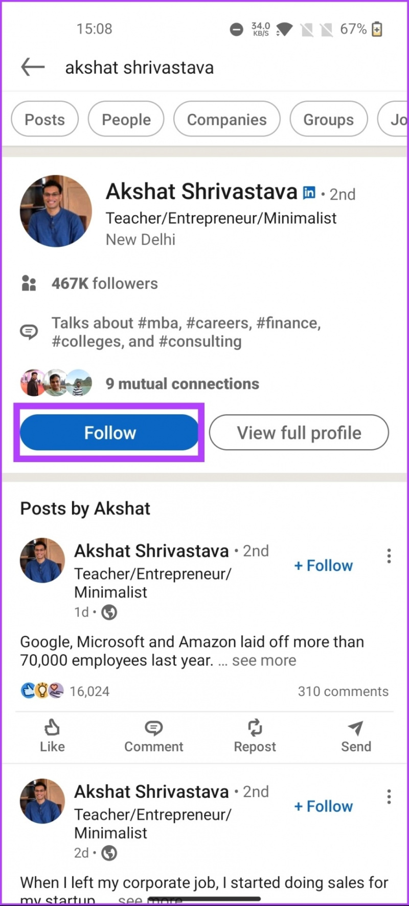   ap den'Connect' or 'Follow' button below their profile details.