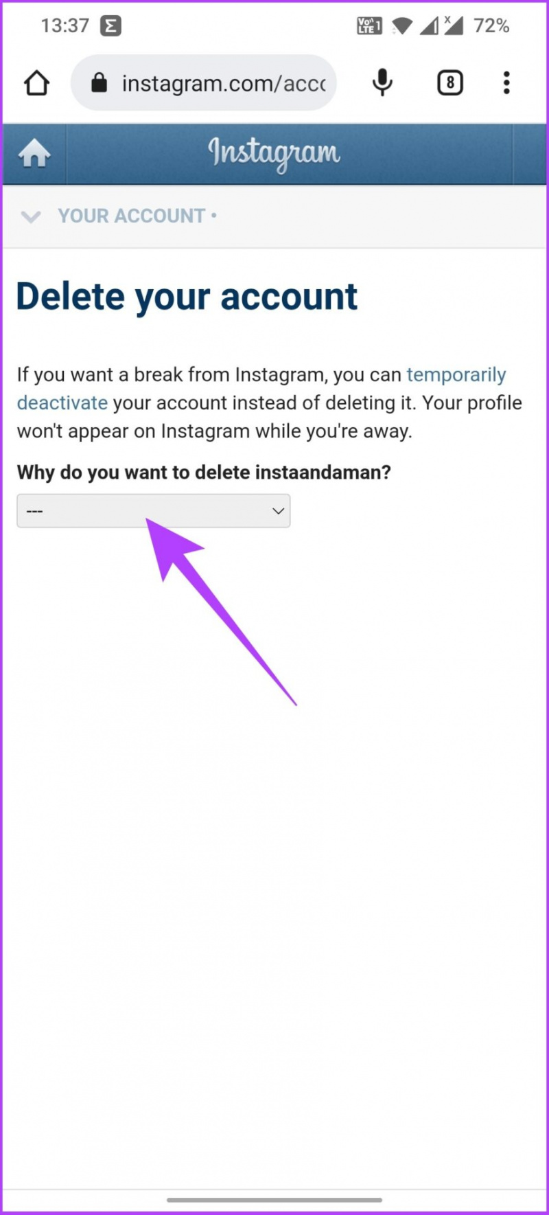   Přejděte na stránku Smazat svůj účet na Instagramu