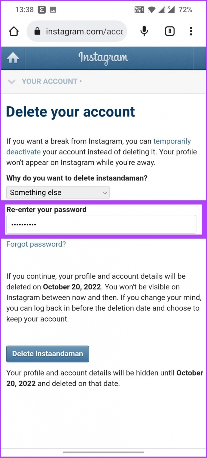   Znovu zadejte heslo účtu Instagram