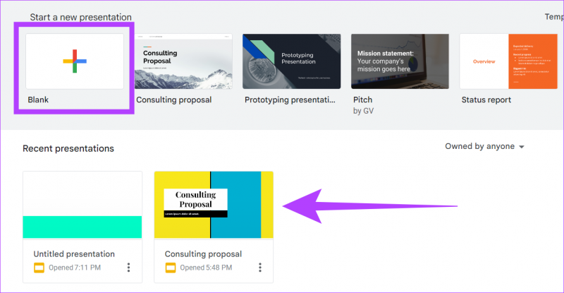   Klikk på Google Slide for å begynne å redigere eller klikk på Blank for å starte et nytt prosjekt