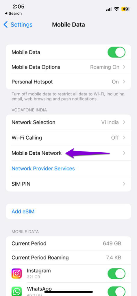   Innstillinger for mobildatanettverk på iPhone