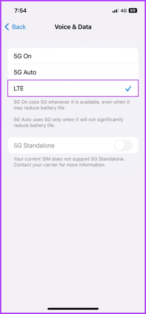   LTE, 5G ऑटो या 5G ऑन में से चुनें