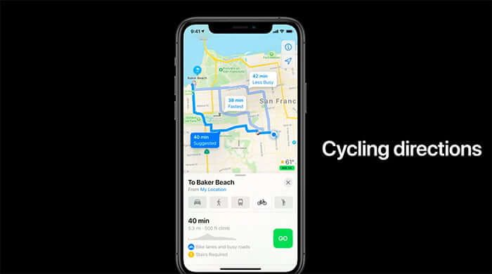 Cykelriktning i Apple Maps