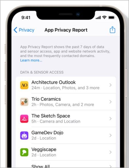 Appbeskyttelsesrapport i iOS 15