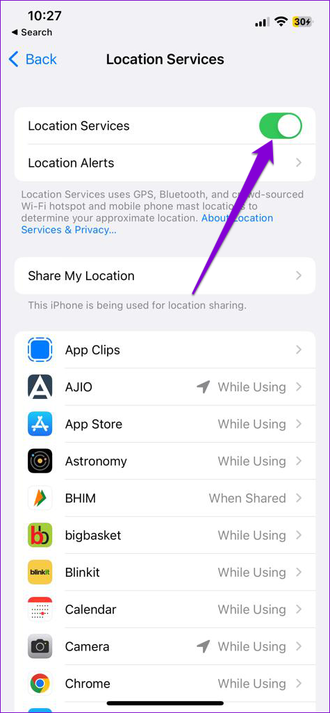   Omogočite lokacijske storitve v iPhonu