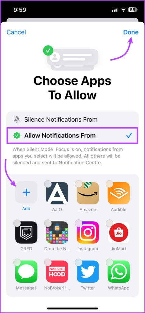   Selecione nenhum aplicativo para garantir o silêncio completo do iPhone