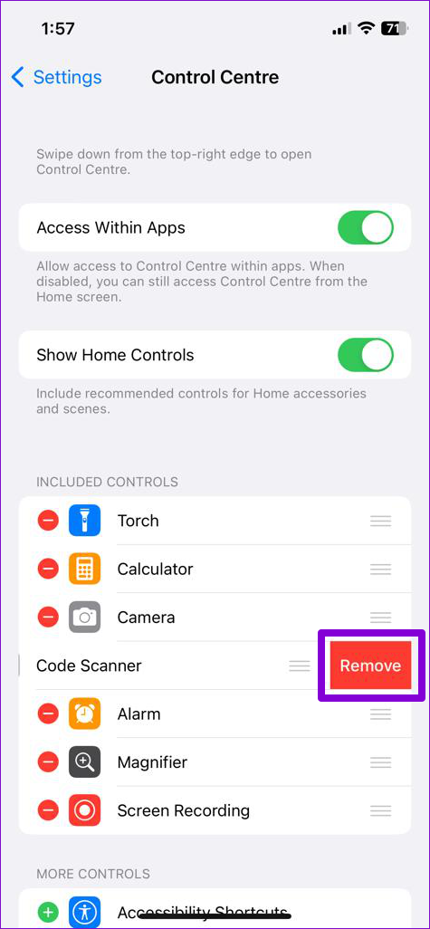   Αφαιρέστε τα στοιχεία από το Κέντρο ελέγχου στο iPhone