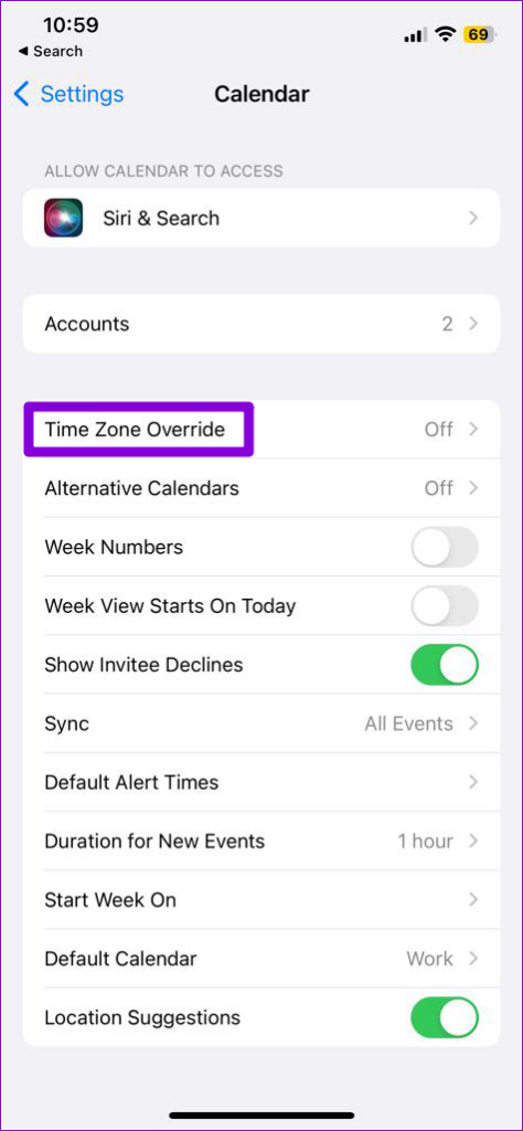   Configurações do aplicativo de calendário no iPhone
