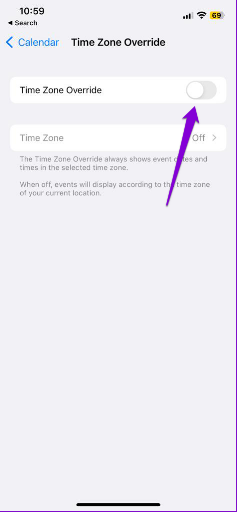   Desativar substituição de fuso horário no aplicativo de calendário para iPhone