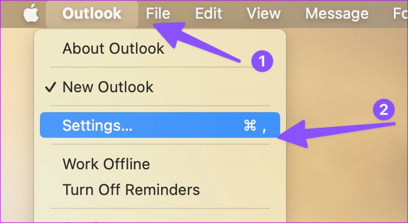   Åpne Outlook-innstillinger på mac