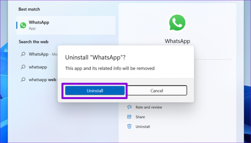   Potvrďte odinštalovanie WhatsApp Windows