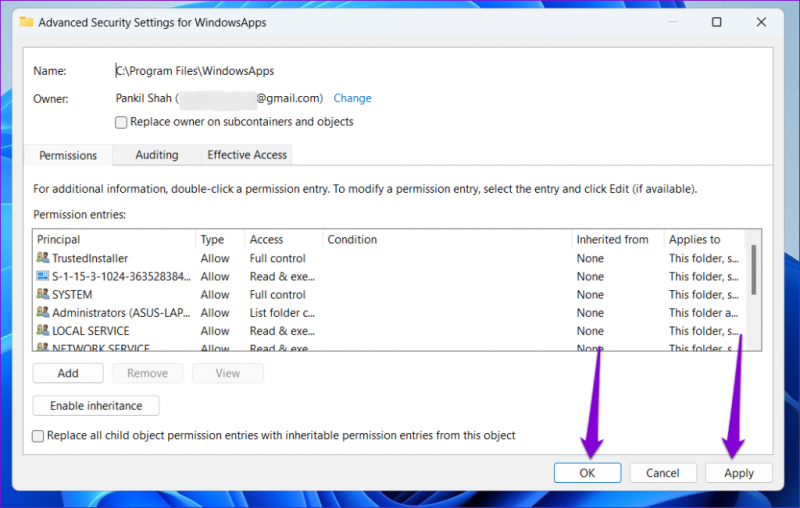   Potvrďte Zmeniť povolenia pre priečinok WindowsApps v systéme Windows