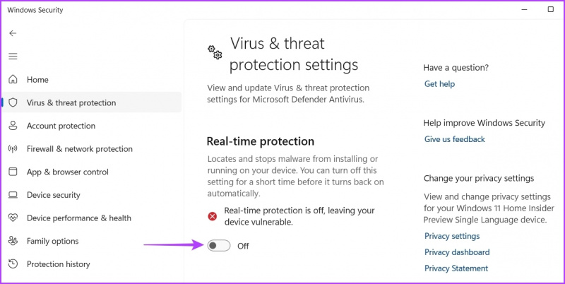   Sanntidsbeskyttelse i Windows Security