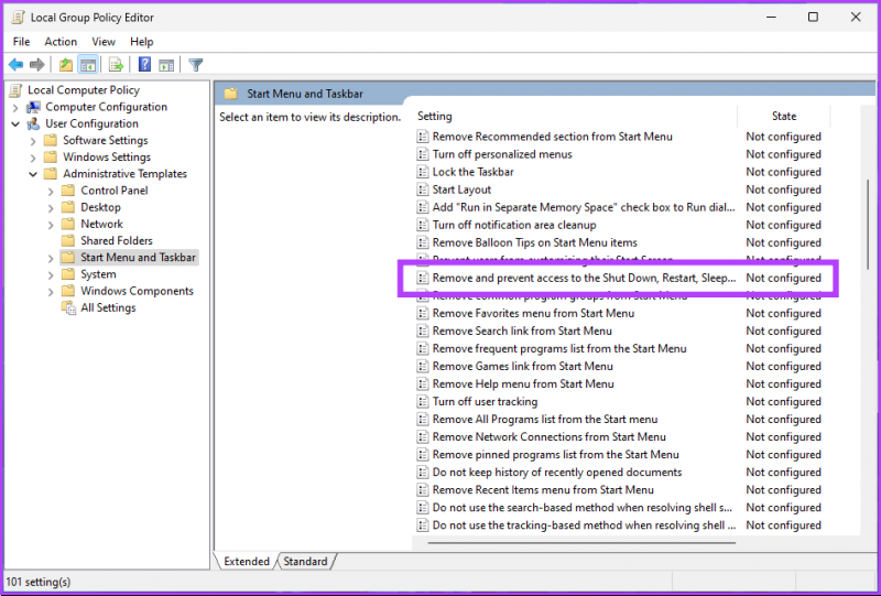   aller à'Remove and prevent access to the Shut Down, Restart, Sleep and Hibernate commands' policy settings