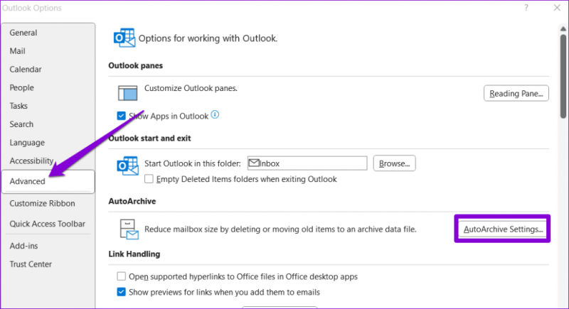   Configurações de arquivamento automático no Outlook