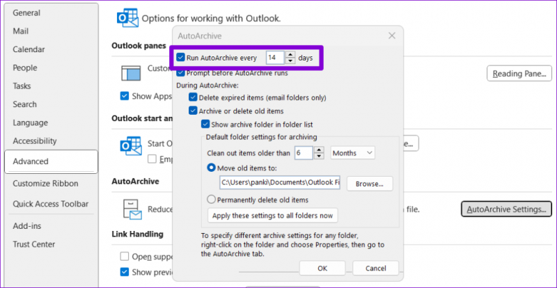   Configurações de arquivamento automático do Outlook