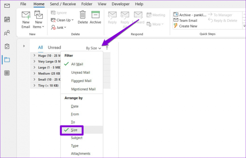   Organizar e-mails por tamanho no Outlook