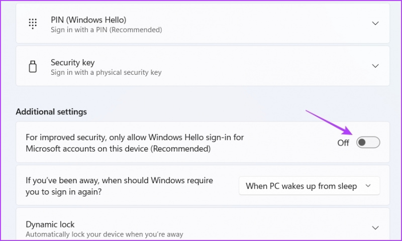   Išjungti parinktį Norėdami pagerinti saugumą, šiame įrenginyje leiskite prisijungti tik prie „Microsoft“ paskyrų „Windows Hello“.