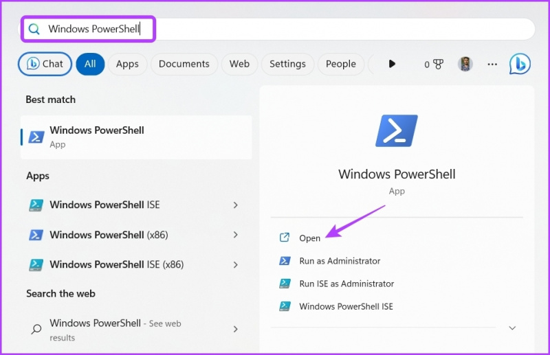   Windows PowerShell в менюто 'Старт'.