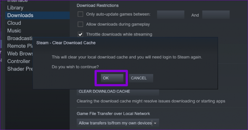   Bestätigen Sie „Download-Cache in Steam löschen“.