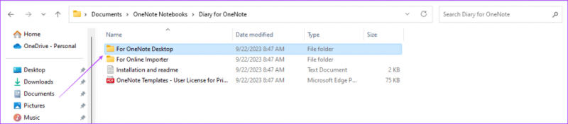   „Onenote Desktop“ aplanko atidarymas
